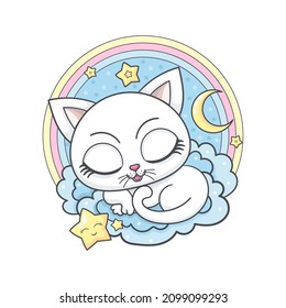 Cute, white, sleeping kitten on a cloud with a rainbow on a blue background. Cartoon design for children for prints, posters, postcards, stickers, etc. Vector