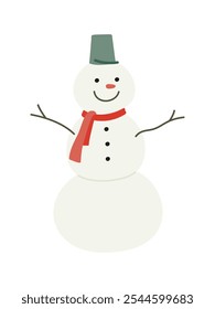 Lindo muñeco de nieve sonriente blanco simple dibujo a mano estilo plano vintage aislado sobre fondo blanco. Ilustración vectorial