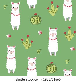 Cute White Smiling Standing Llama with Green cactus and Red Flowers Repeat Seamless Vector Pattern Background Illustration