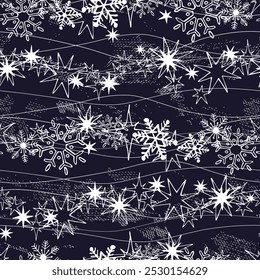 Cute white snowflakes and stars on a dark background. Seamless winter pattern. Vector illustration.