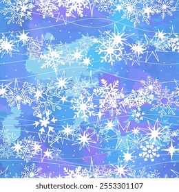 Cute white snowflakes and stars on a blue background. Seamless winter pattern. Vector illustration.