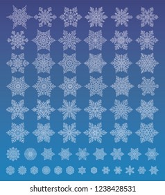 Cute white snowflakes various types collection on blue background. Flat line snow icons, snow flakes silhouette. Nice element for christmas banner, cards. New year ornament