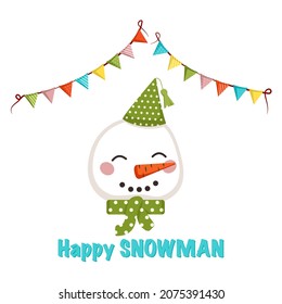 Cute white snowman in children style with festive decorations for holiday. Funny character with happy face, cap, bow and garland of flags. Vector flat illustration