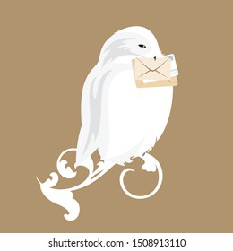 cute white snowy owl holding mail - bird and letters envelopes vector design