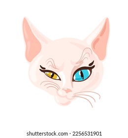 Cute white sphinx cat with colorful blue and yellow eyes. Vector cat illustration, cat head. 
