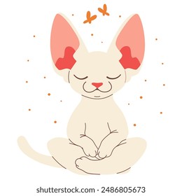 Un lindo gatito blanco de la esfinge se sienta y medita. Ilustración vectorial plana en estilo infantil.