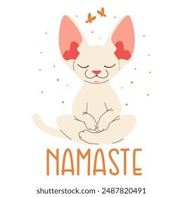 Un lindo gatito blanco de la esfinge se sienta y medita. Ilustración vectorial plana en estilo infantil y la inscripción Namaste.