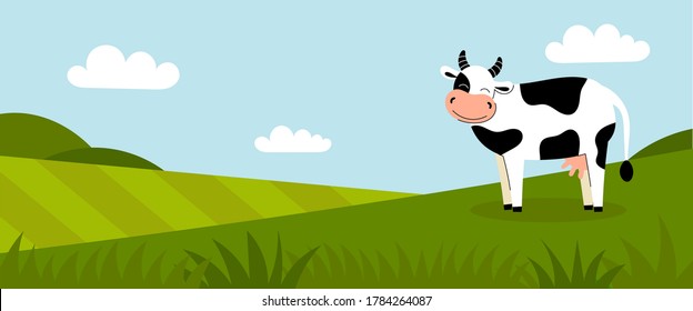 Una linda vaca manchada de blanco se para en una pradera verde. Productos lácteos. Animales de granja. Panorama de verano con campo. Coloca tu texto. Ilustración de color de dibujos animados planos