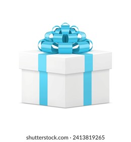 Cute white squared gift box with luxury blue bow ribbon festive present pack 3d icon realistic vector illustration. Expensive elegant package for holiday surprise birthday anniversary congratulations