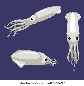 Cute White Squid Cartoon Vector Illustration