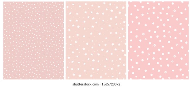 Cute White Stars and Dots Seamless Vector Patterns. Tiny Stars Isolated on a Pink Background.Light Pastel Pink Simple Infantile Sky Design.Delicate Dotted Vector Print Ideal for Fabric, Card, Layout.
