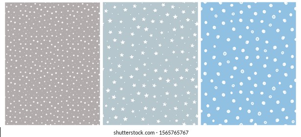 Cute White Stars and Dots Seamless Vector Patterns. Tiny Stars Isolated on a Blue and Gray Background. Simple Infantile Sky Design. Delicate Dotted Vector Print Ideal for Fabric, Card, Layout.