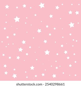 Estrellas blancas lindas y patrones de Vector sin fisuras de puntos. Estrellas diminutas aisladas sobre fondo rosa. Diseño de cielo infantil simple de color rosa pastel claro. Delicada impresión de Vector punteado perfecto para tela, tarjeta, maqueta