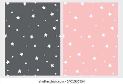 Cute White Stars Seamless Vector Patterns. Pink and Dark Gray Starry Background. Simple Infantile Lovely Abstract Sky Vector Design for Card, Wrapping Paper, Textile, Decoration.
