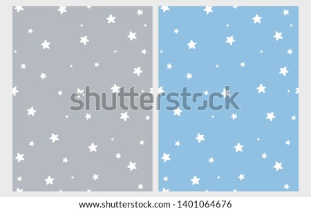 Cute White Stars Seamless Vector Patterns. Pastel Blue and Light Gray Starry Background. Simple Infantile Lovely Abstract Sky Vector Design for Card, Wrapping Paper, Textile, Decoration.