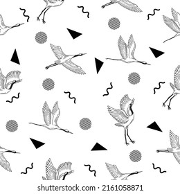 cute white stork animal seamless black object pattern wallpaper with design white background.