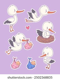 Cute white stork with baby stickers. Isolated funny cartoon kawaii bird character in nest, flying and newborn boy and girl. Vector illustration. Kids collection