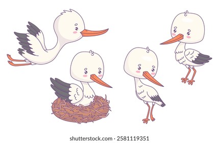 Cute white stork collection. Isolated funny cartoon kawaii bird character in nest, flying and standing. Vector illustration 