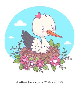 Cute white stork girl in nest with flowers. Funny cartoon kawaii bird character. Vector illustration. Kids collection