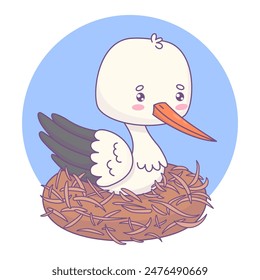 Cute white stork in nest. Funny cartoon kawaii bird character. Vector illustration. Kids collection