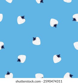 Cute white strawberry hand drawn vector illustration. Adorable berry fruit seamless pattern for kids fabric or wallpaper.