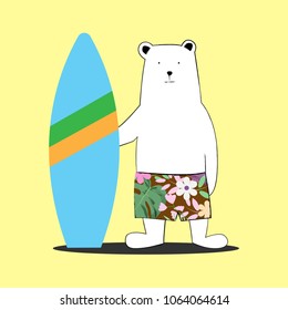 Cute white summer bear cartoon with surf board on yellow background. Vector illustration.