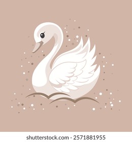 Cute white swan on beige background. Children's illustration, postcard, template for congratulations.