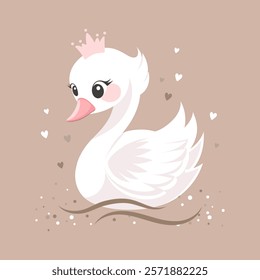 Cute white swan with pink crown on beige background. Children's illustration, postcard, template for congratulations.