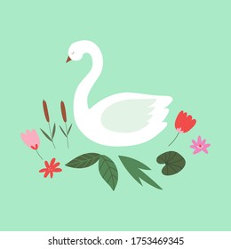 Cute White Swan Water Lilies Flowers Stock Vector (Royalty Free) 1753469345