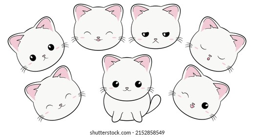 Cute white tabby cat. Cartoon funny character. Kawaii kitten baby animal. Sweet kitten heads. Flat design. Vector illustration on white background.