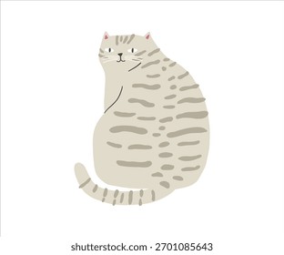 Cute white tabby cat cartoon flat illustration. Kids vector flat illustration isolated on white background
