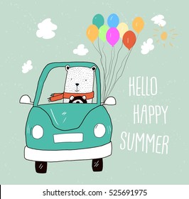 süßer weißer Teddybär mit Auto auf gestreiftem Hintergrund, T-Shirt-Design, Vektorgrafik