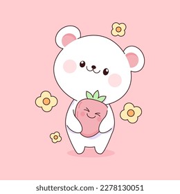 Cute white teddy bear kawaii with strawberry