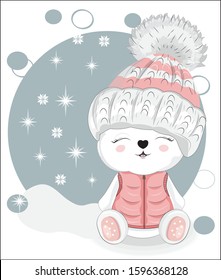 cute white in Teddy bear winter hat. Picture in hand drawing style, for winter Happy birthday greeting card, postcard. party invitation. t-shirt wear fashion print design.