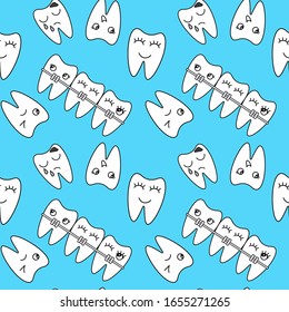 Cute white teeth with different emotions on a blue background. Seamless pattern