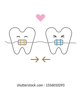 Cute white teeth feels happy and toothache while taking orthodontics with dental tools.
