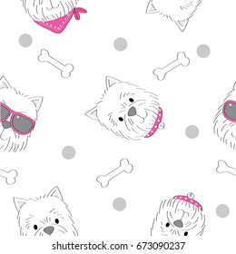 Cute white Terrier and bone seamless pattern vector. 