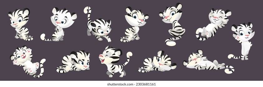 Cute white tiger baby cartoon vector character set. Small dancing, waving, lying, smile and playful wild cat with tail isolated drawing. Comic expression wild asset kit with blue eyes and black stripe