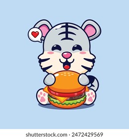 Cute white tiger with burger cartoon vector illustration.
Vector cartoon Illustration suitable for poster, brochure, web, mascot, sticker, logo and icon.