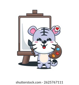 Cute white tiger cartoon vector illustration wants to paint on canvas