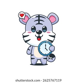 Niedliche weiße Tiger Cartoon Vektorgrafik mit Uhr