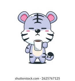 Desenho animado de tigre branco bonito vetor ilustração está cansado e sonolento segurando café