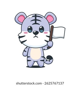 Ilustração do vetor do desenho animado do tigre branco bonito com bandeira branca