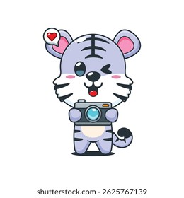 Cute white tiger cartoon vector illustration with camera