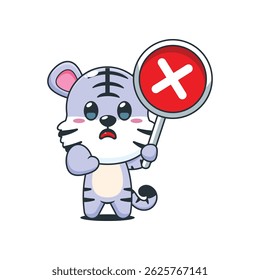 Cute white tiger cartoon vector illustration with wrong sign