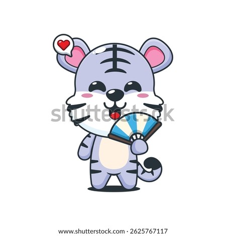 Cute white tiger cartoon vector illustration with hand fan