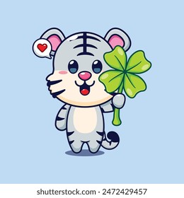 Cute white tiger with clover leaf cartoon vector illustration.
Vector cartoon Illustration suitable for poster, brochure, web, mascot, sticker, logo and icon.