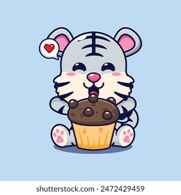 Tigre blanco lindo con la Ilustración vectorial de dibujos animados de la torta de la taza.
Vector de dibujos animados Ilustración adecuada para el cartel, folleto, Web, mascota, etiqueta engomada, logotipo e icono.