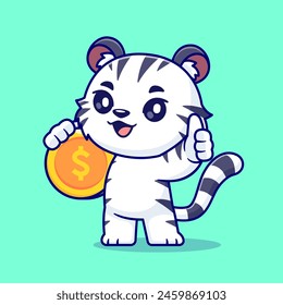 Cute White Tiger Holding Gold Coin Cartoon Vector Icon Illustration. Animal Finance Icon Concept Isolated Premium Vector. Flat Cartoon Style