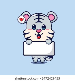 Cute white tiger holding greeting banner cartoon vector illustration.
Vector cartoon Illustration suitable for poster, brochure, web, mascot, sticker, logo and icon.